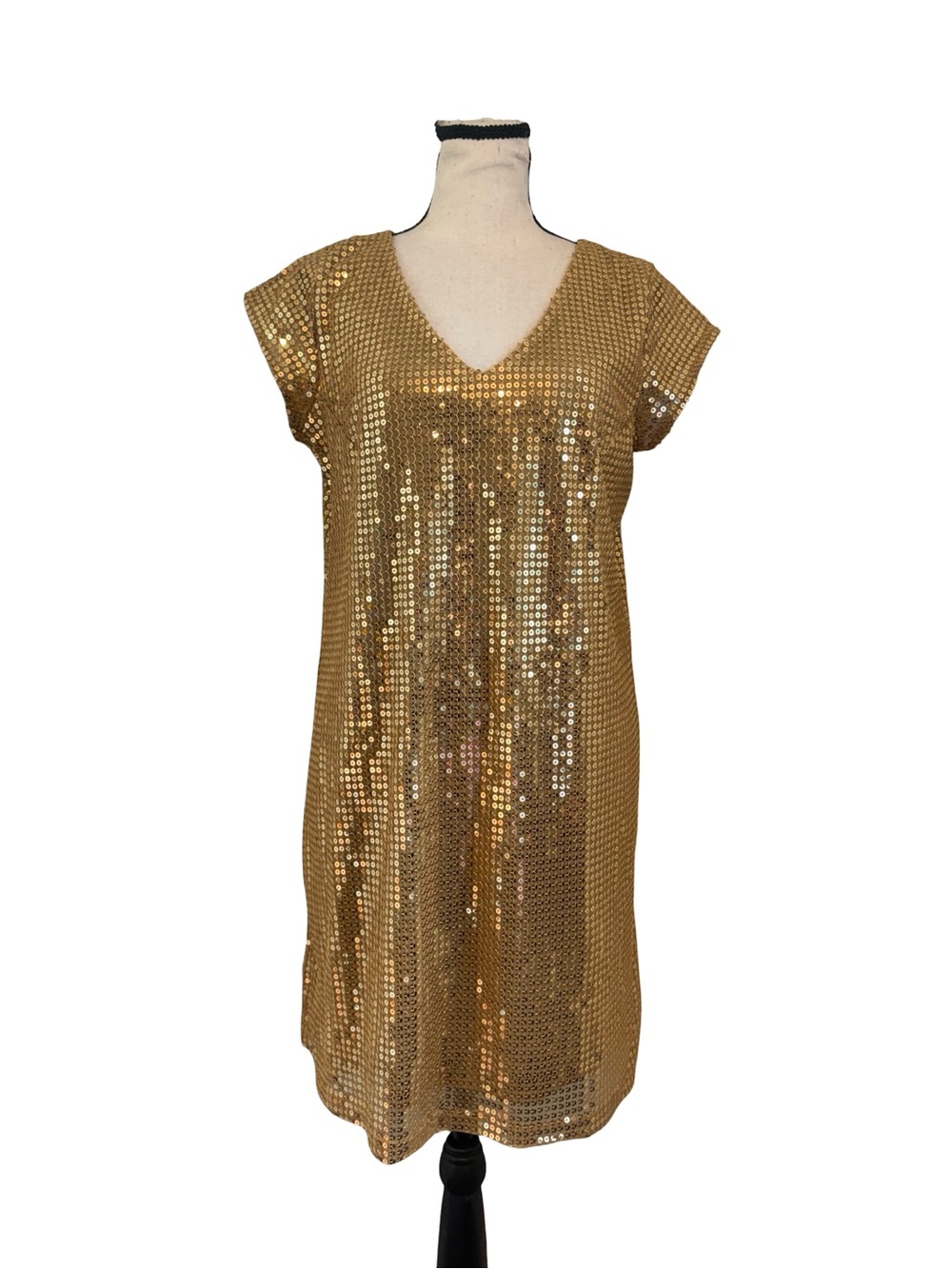 Gold Sequin Shift Dress V Neck Cap Sleeve Party Cocktail Holiday Medium